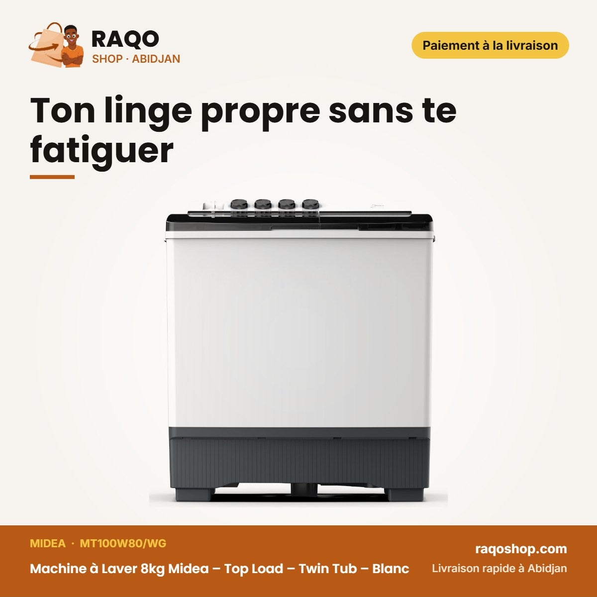 Machine à Laver 8kg Midea – Top Load – Twin Tub – Blanc | MT100W80/WG