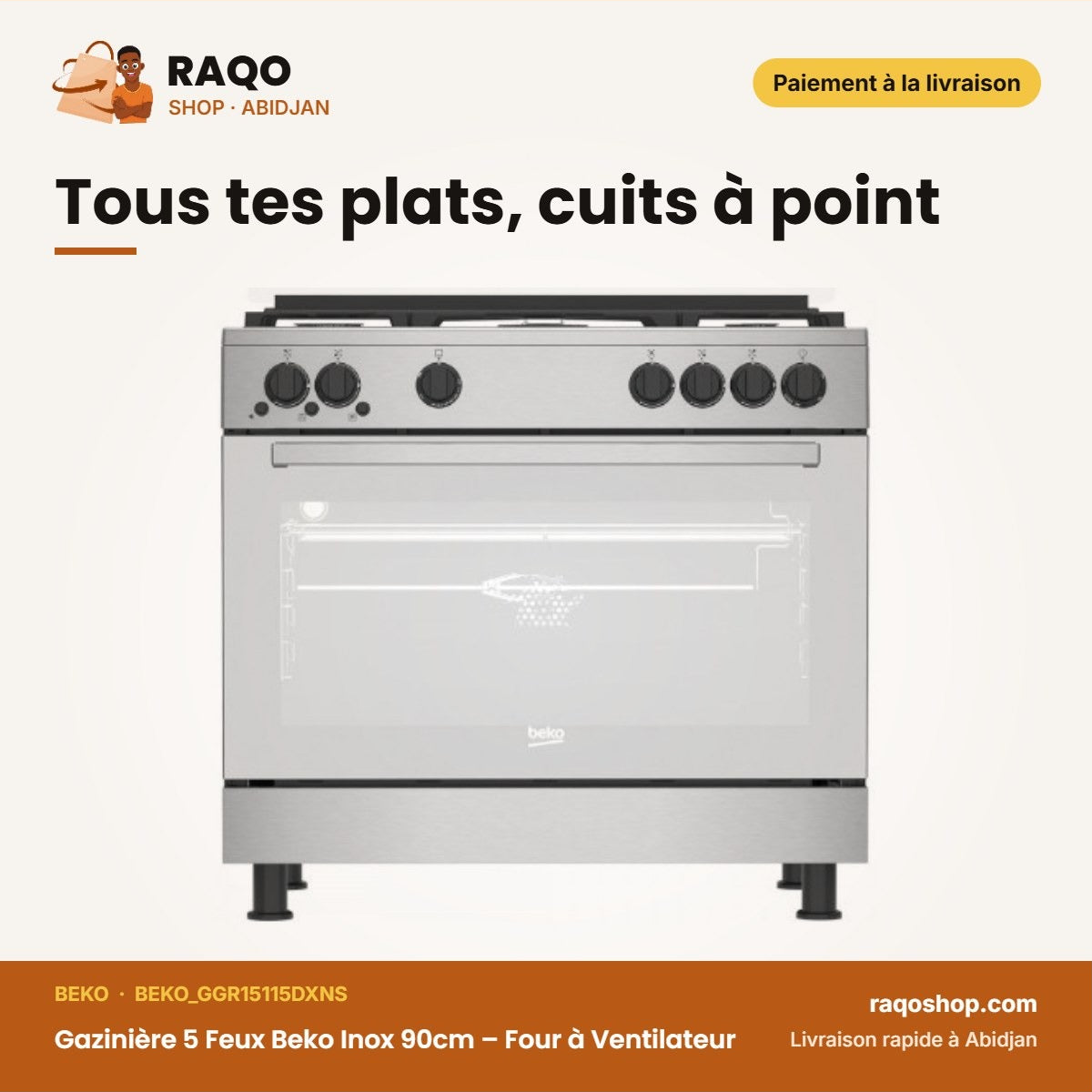Gazinière 5 Feux Beko Inox 90cm – Four à Ventilateur | BEKO_GGR15115DXNS