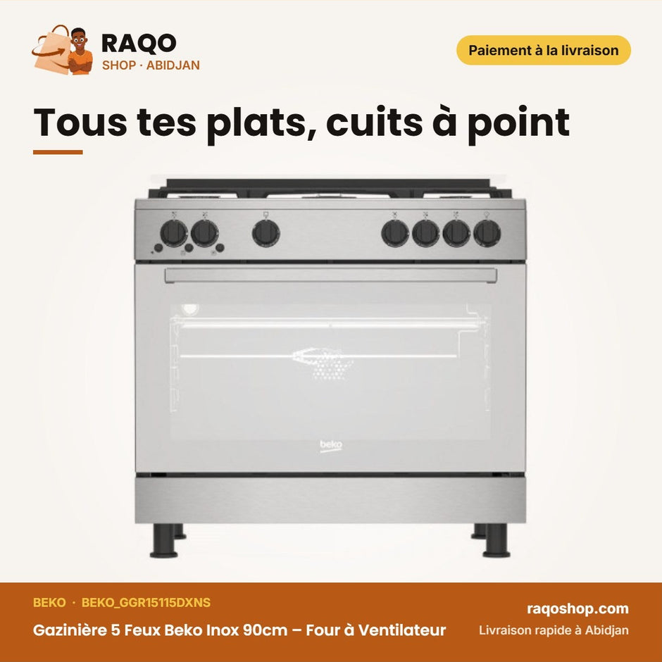 Gazinière 5 Feux Beko Inox 90cm – Four à Ventilateur | BEKO_GGR15115DXNS