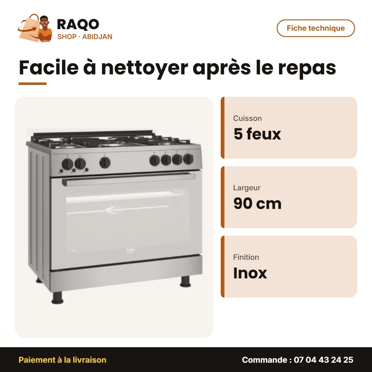 Gazinière 5 Feux Beko Inox 90cm – Four à Ventilateur | BEKO_GGR15115DXNS