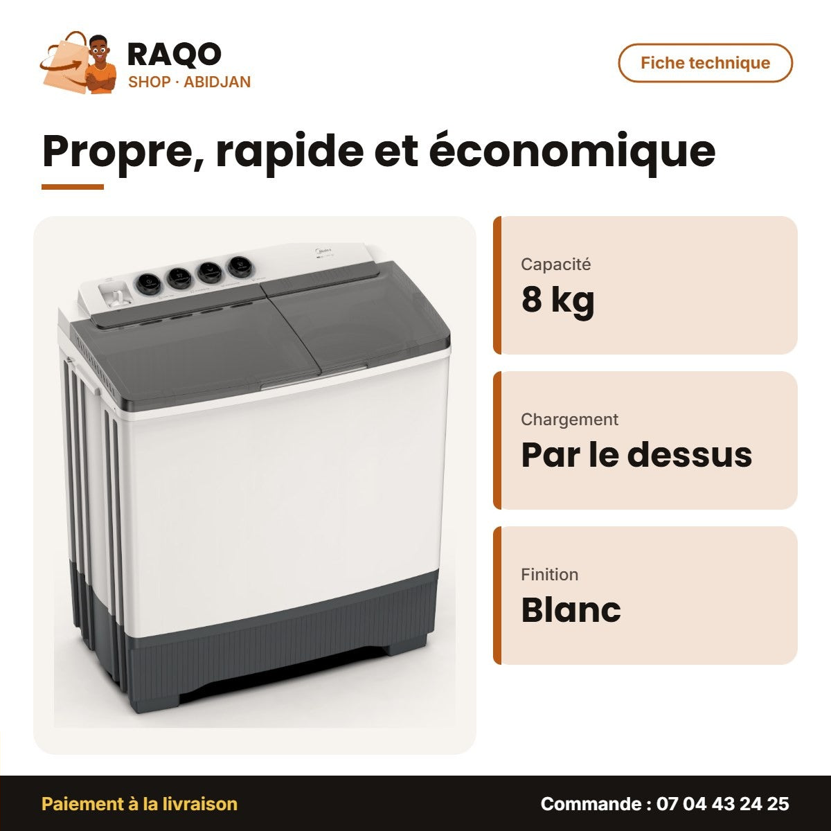 Machine à Laver 8kg Midea – Top Load – Twin Tub – Blanc | MT100W80/WG