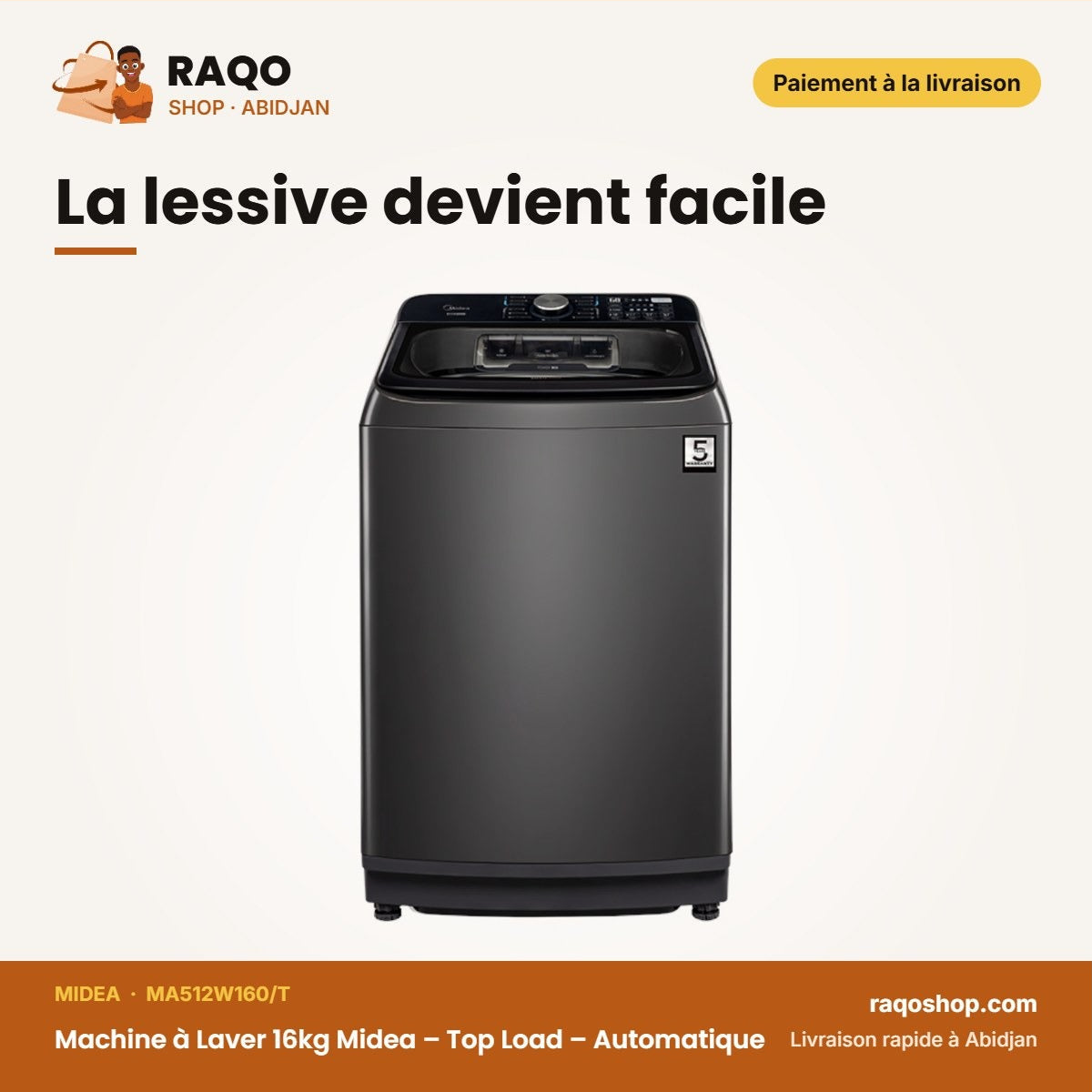 Machine à Laver 16kg Midea – Top Load – Automatique – Super Éco | MA512W160/T