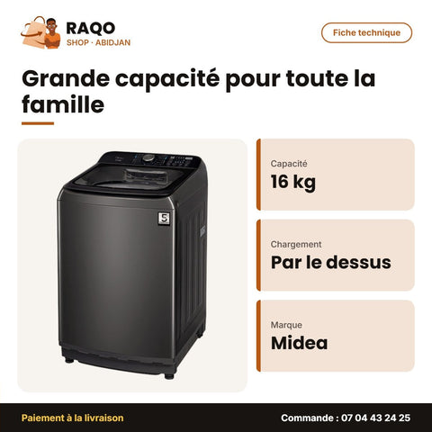 Machine à Laver 16kg Midea – Top Load – Automatique – Super Éco | MA512W160/T