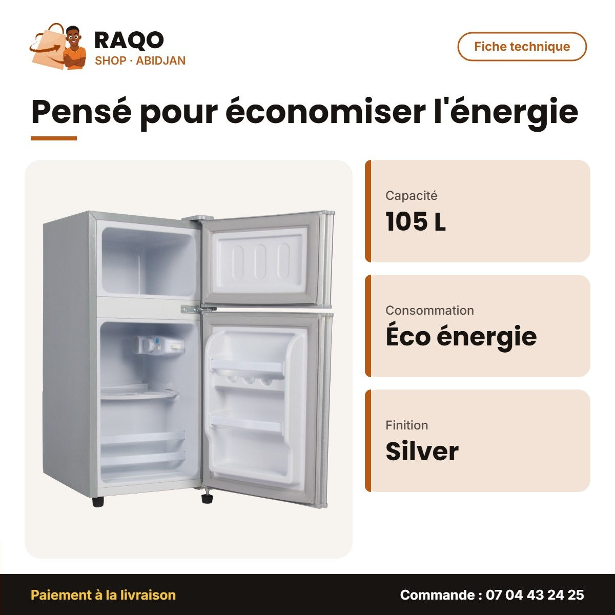 Réfrigérateur Double Porte Nasco – 105LT(76LT Net) – Silver – Economie D'energie | NASF2-105FL