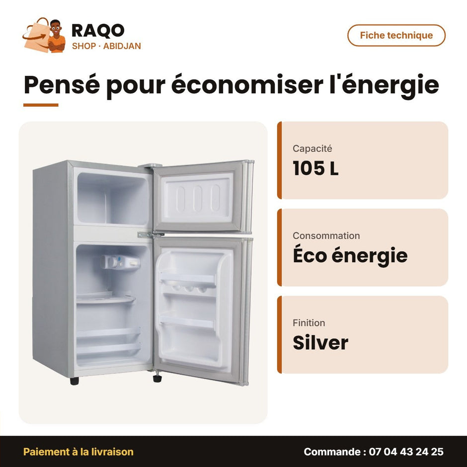 Réfrigérateur Double Porte Nasco – 105LT(76LT Net) – Silver – Economie D'energie | NASF2-105FL