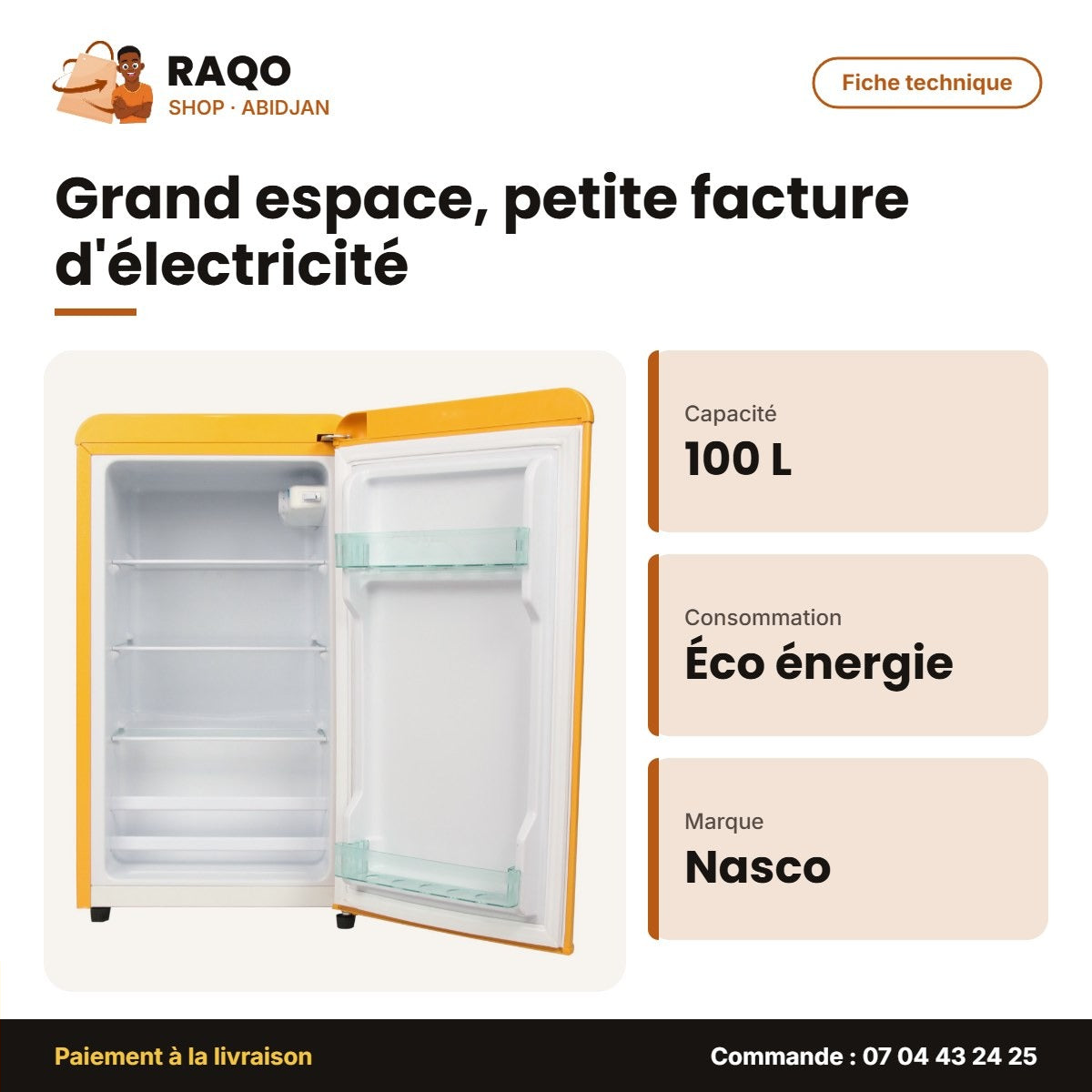 Petit Réfrigérateur Nasco Retro 1 Porte Jaune 100L (76L Net) – Economie D'energie | NASF1-100RT