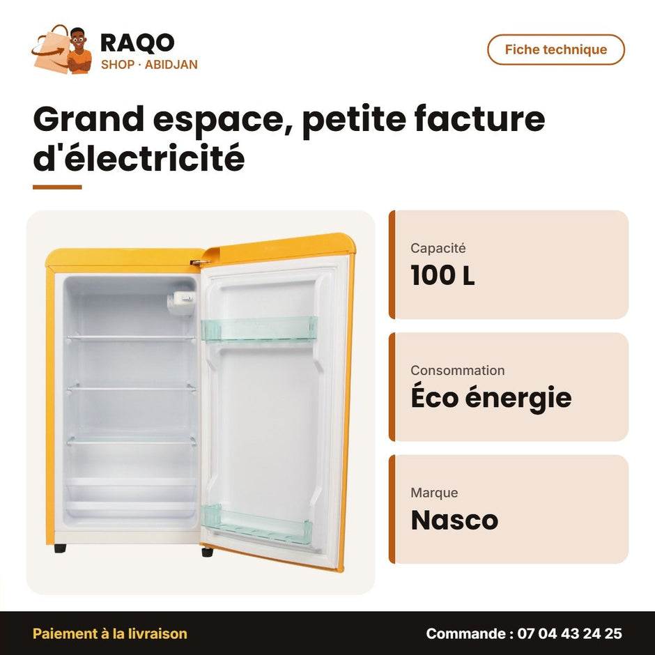 Petit Réfrigérateur Nasco Retro 1 Porte Jaune 100L (76L Net) – Economie D'energie | NASF1-100RT