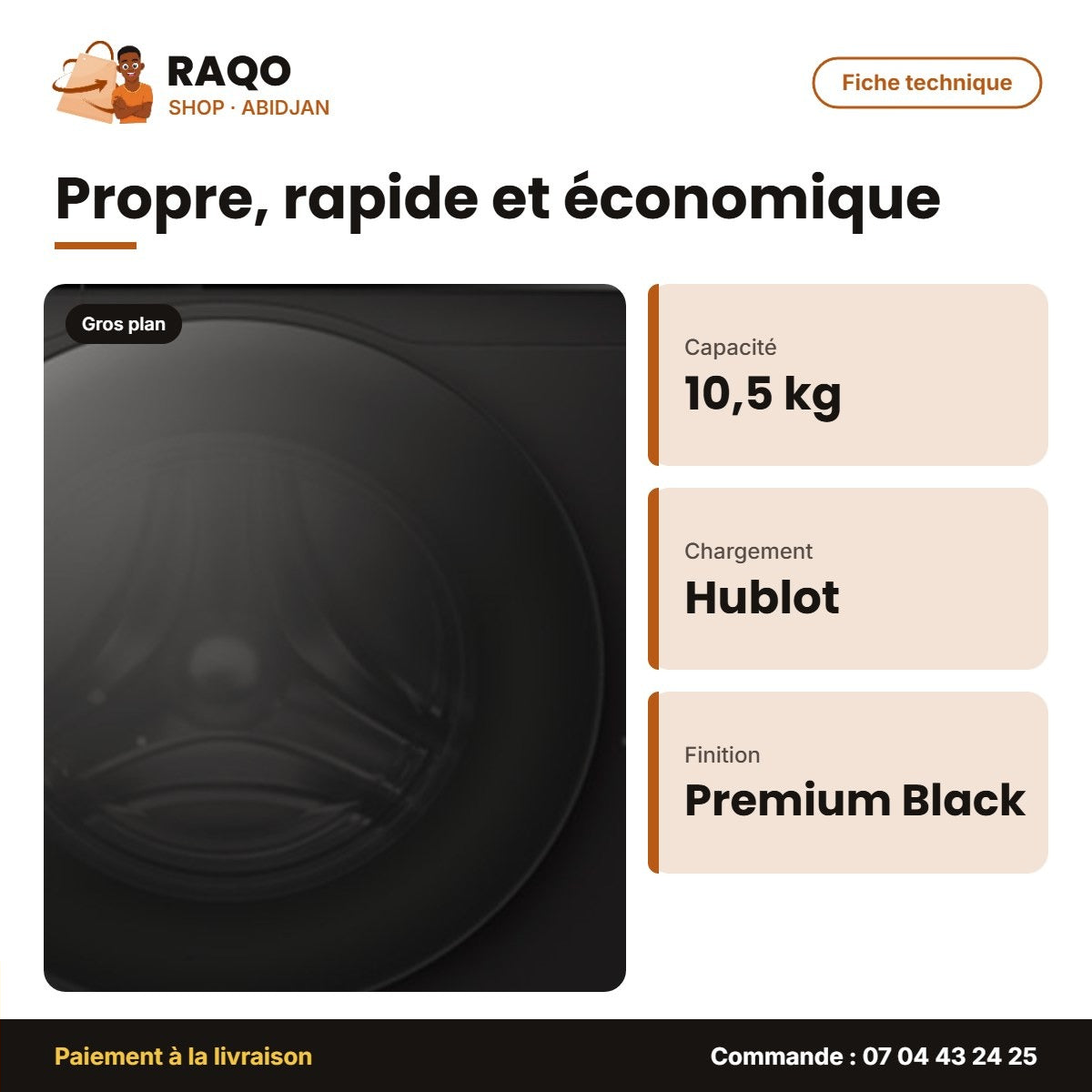 Machine à Laver 10.5KG+SECHAGE 6kg Hisense – Front Load – Premium Black – 220-24 | WD3S1043BB