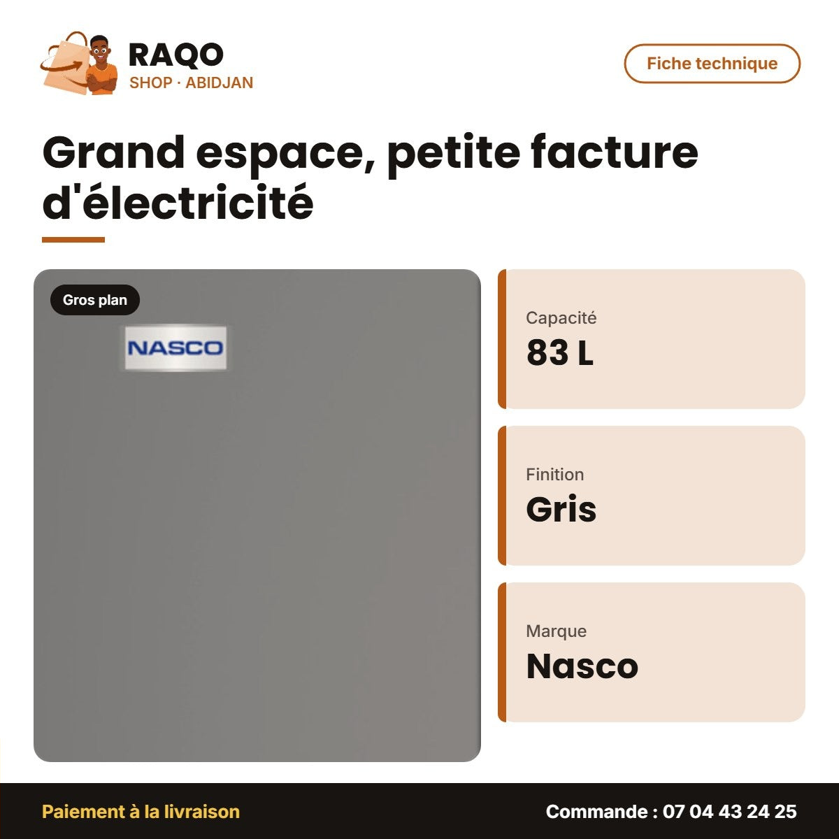 Petit Réfrigérateur Nasco – 1 Porte – 83 L – Gris Fonce | SNASF1-110