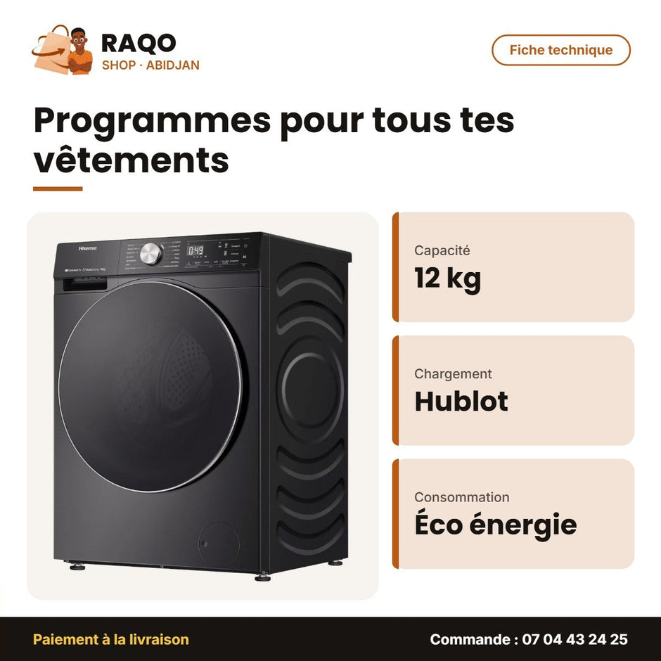 Machine à Laver 12kg Hisense – Front Load – Premium Black – A+++ | WF5S1243BB