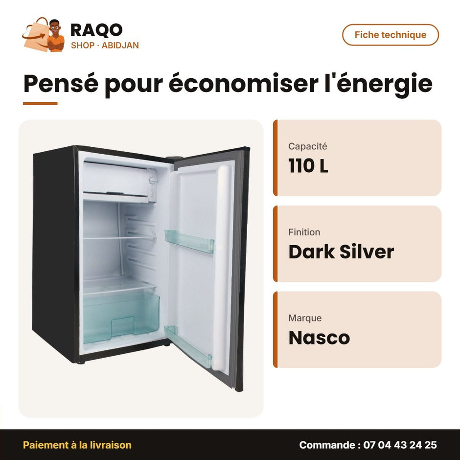 Petit Réfrigérateur Nasco 1 Porte – 110L (92L Net) – Dark Silver | NASF1-110FL-DS