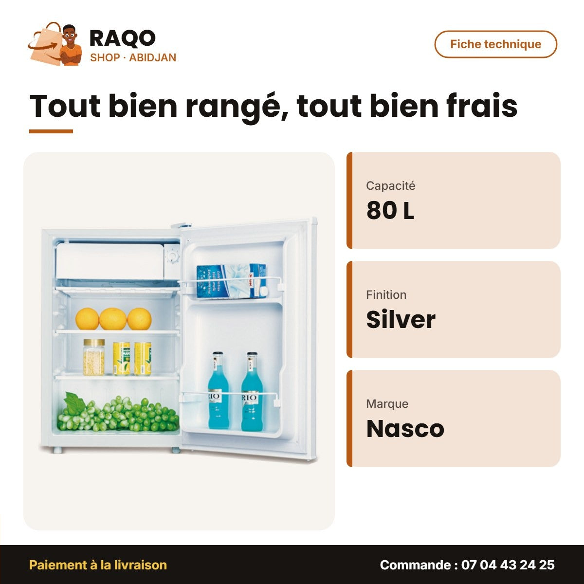 Petit Réfrigérateur Nasco – 1 Porte – 80L Net – Silver | KNASF1-90S