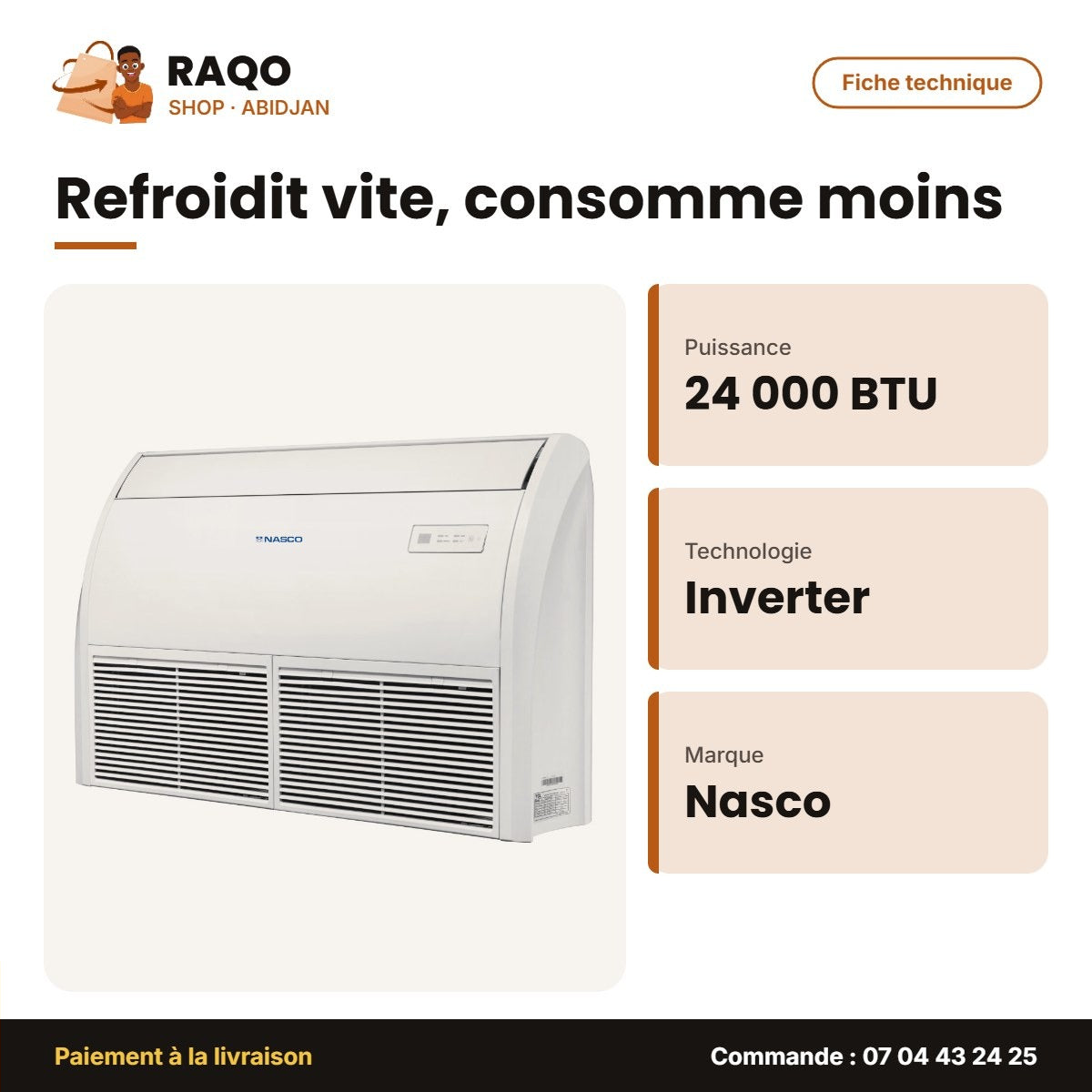 Split Allège (Plafond-Sol) Nasco – 24.000 BTU – Dual Inverter – Façade Blanch | NAS-TCF-24V1