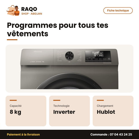 Machine à Laver 8kg Hisense – Steam Wash – Inverter – Front Load | WFQP8014EVMT