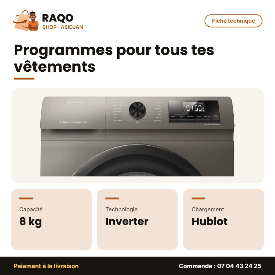 Machine à Laver 8kg Hisense – Steam Wash – Inverter – Front Load | WFQP8014EVMT
