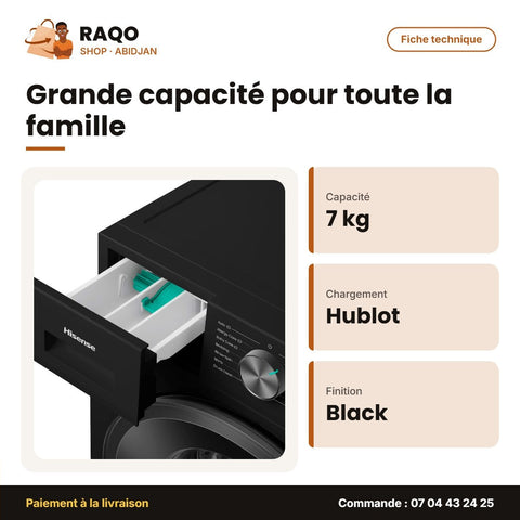 Machine à Laver 7kg Hisense – Front Load – Inky Black – Ibubble | WF1I7022BK