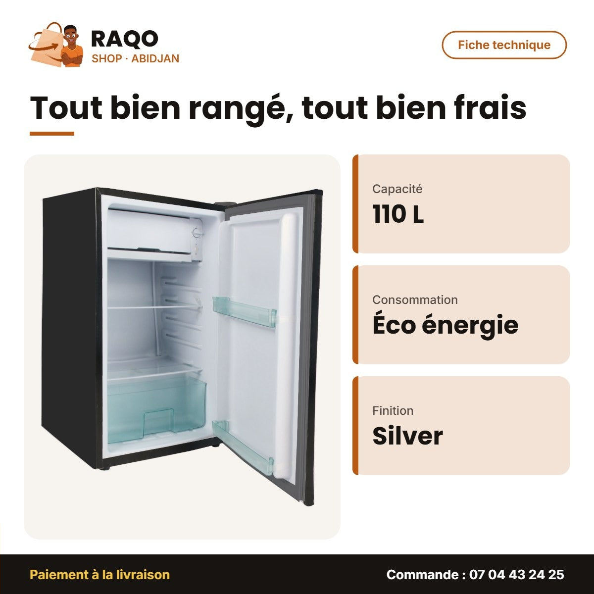 Petit Réfrigérateur Nasco 1 Porte – 110L (92L Net) – Silver – Economie D'energie | NASF1-110FL