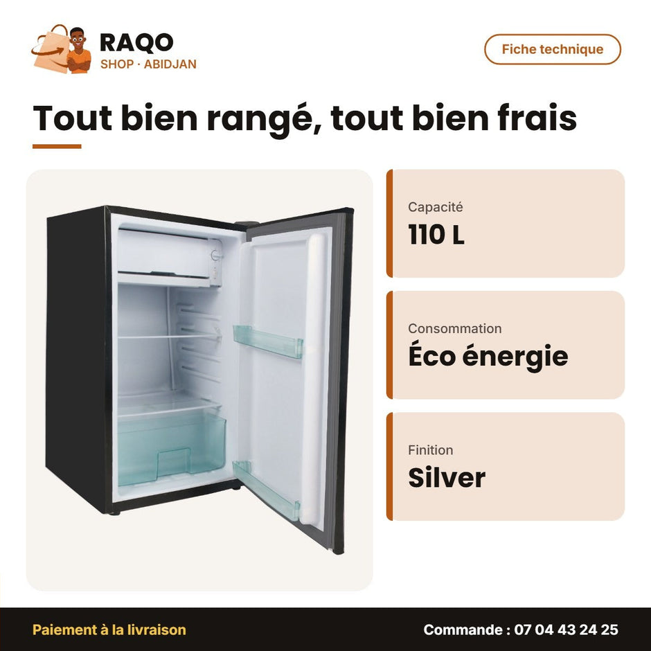 Petit Réfrigérateur Nasco 1 Porte – 110L (92L Net) – Silver – Economie D'energie | NASF1-110FL