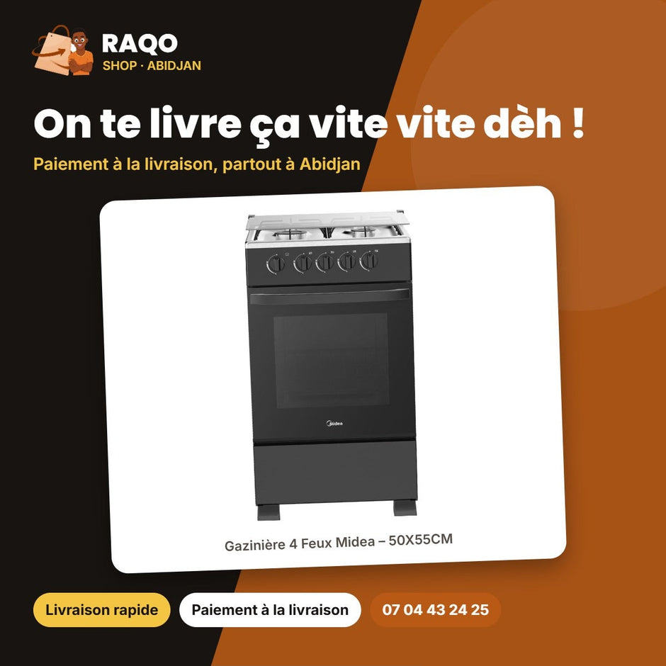 Gazinière 4 Feux Midea – 50X55CM – Sans Allumage Automatique – Noire | SP5055T082-B