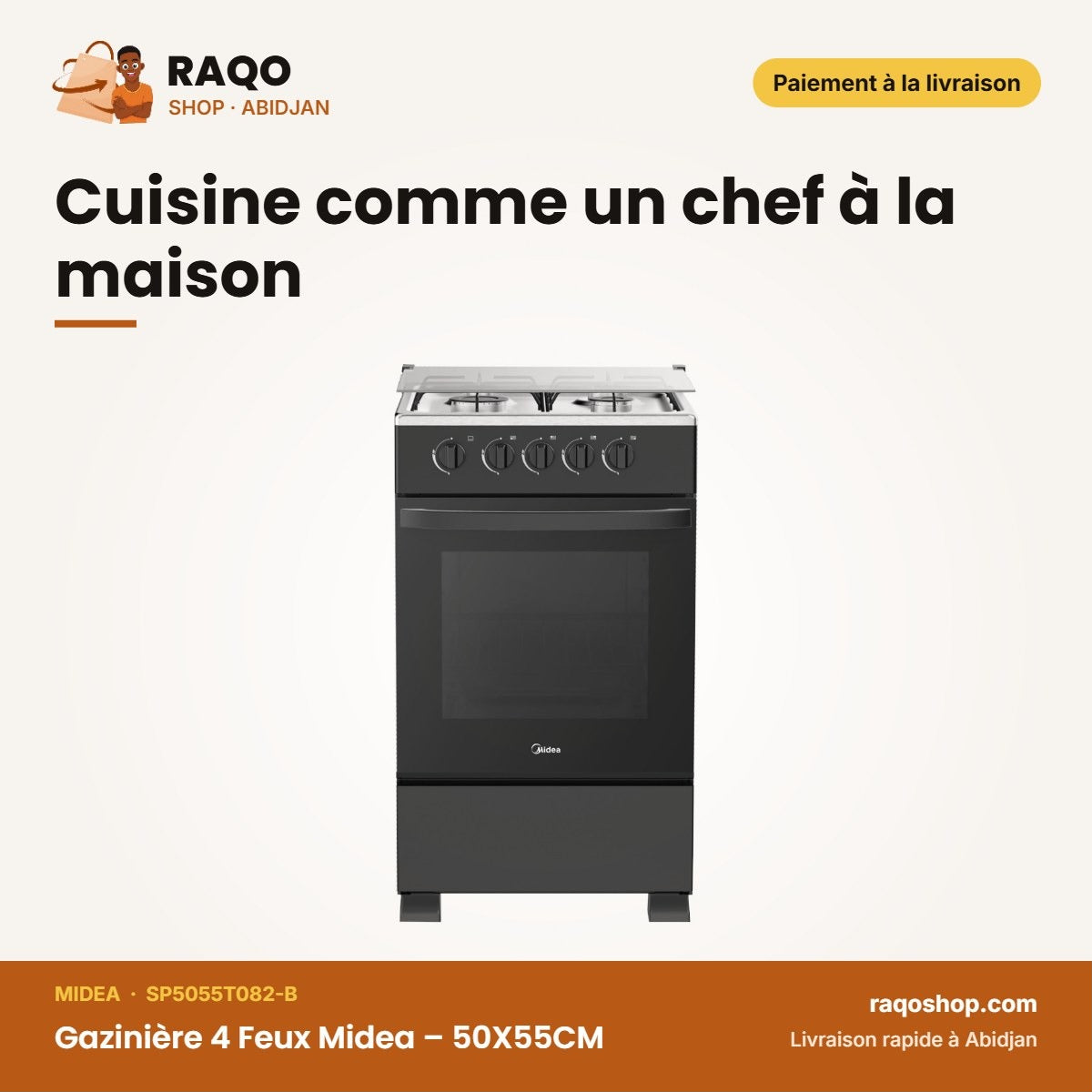 Gazinière 4 Feux Midea – 50X55CM – Sans Allumage Automatique – Noire | SP5055T082-B