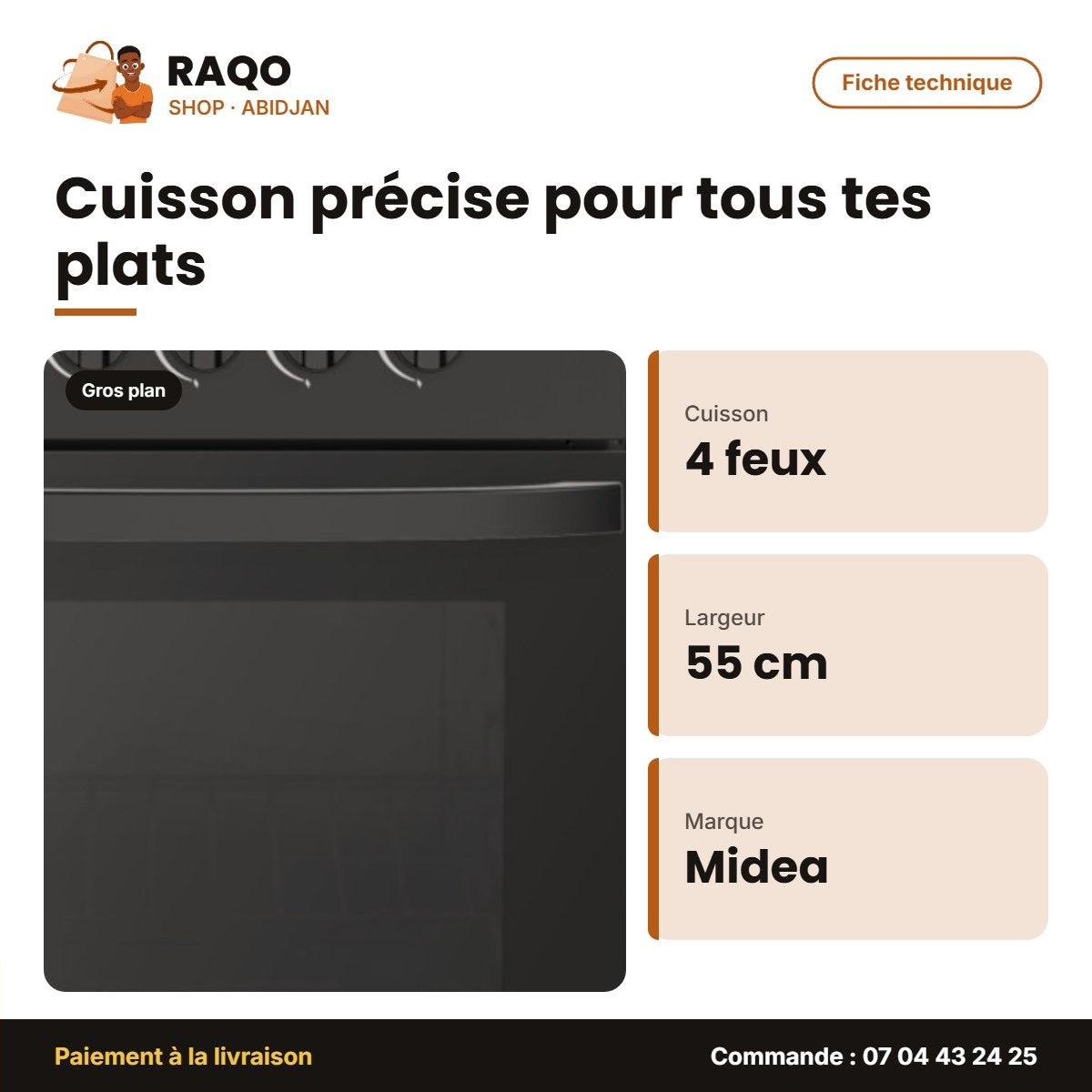 Gazinière 4 Feux Midea – 50X55CM – Sans Allumage Automatique – Noire | SP5055T082-B