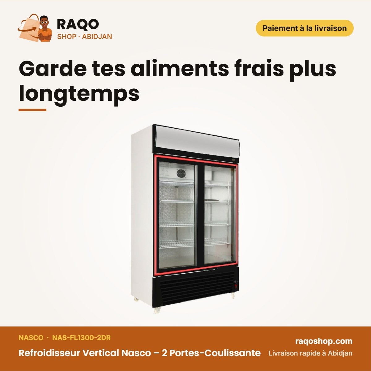 Refroidisseur Vertical Nasco – 2 Portes-Coulissante – Vitré-Contour Noir | NAS-FL1300-2DR