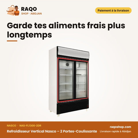 Refroidisseur Vertical Nasco – 2 Portes-Coulissante – Vitré-Contour Noir | NAS-FL1300-2DR