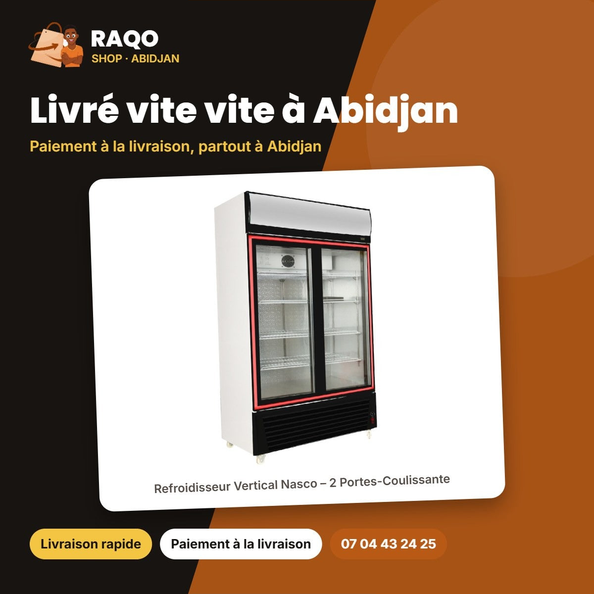 Refroidisseur Vertical Nasco – 2 Portes-Coulissante – Vitré-Contour Noir | NAS-FL1300-2DR