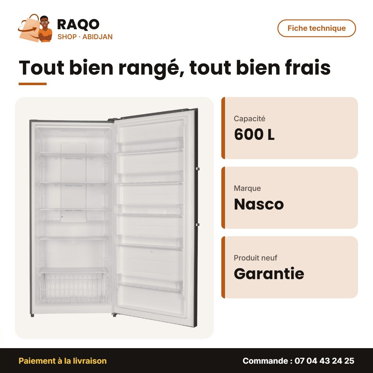 Congélateur Vertical Nasco – No Frost – 600 L – 5 ETAGERES+1PANIER | HNASDN1-77