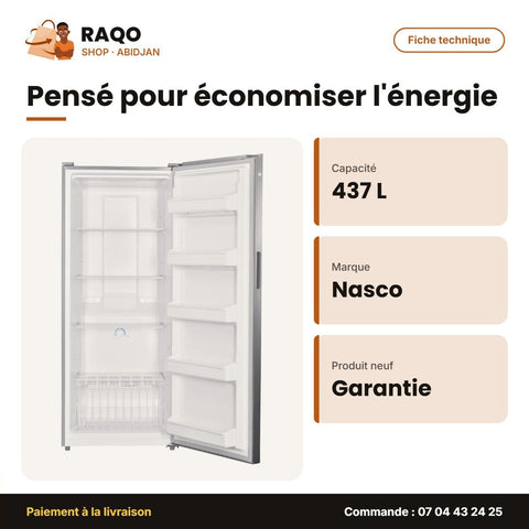 Congélateur Vertical Nasco – No Frost – 437 L – 4 ETAGERES+1PANIER | HNASDN1-55