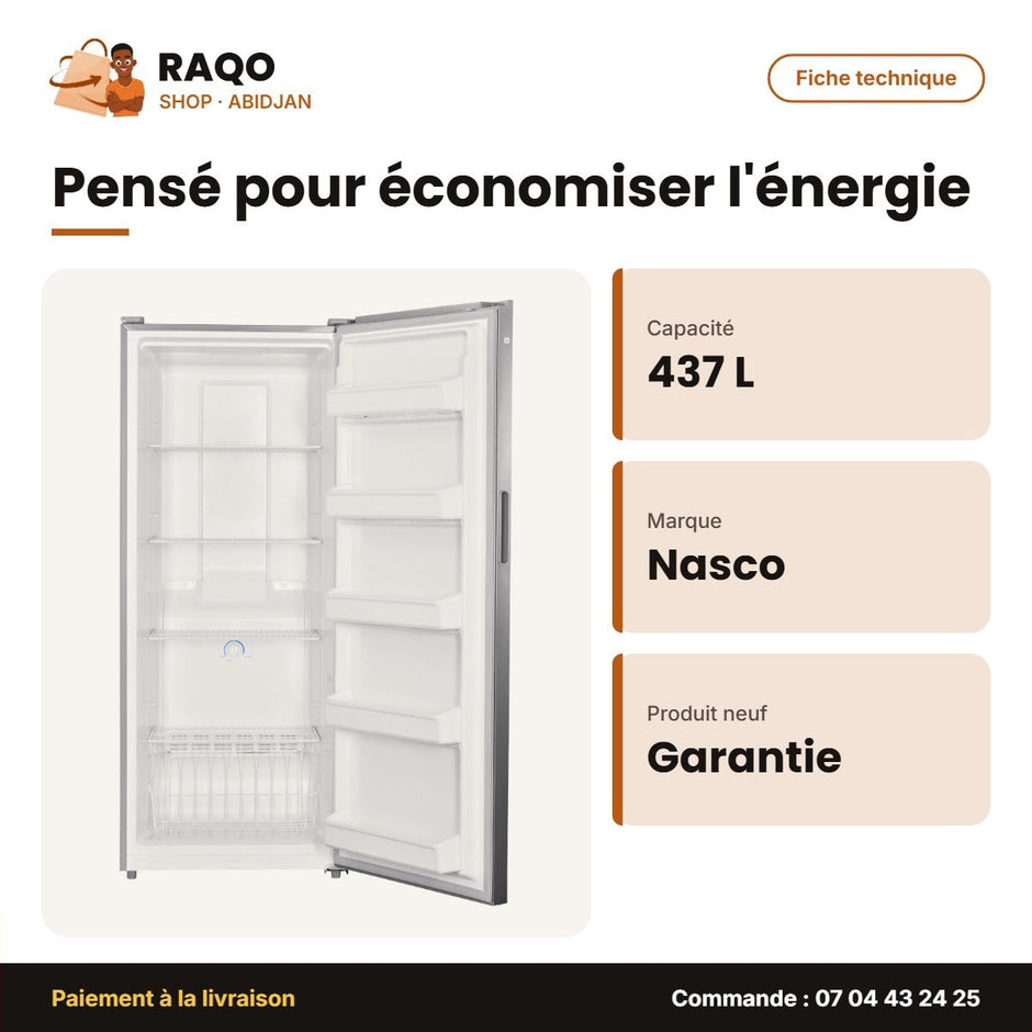 Congélateur Vertical Nasco – No Frost – 437 L – 4 ETAGERES+1PANIER | HNASDN1-55
