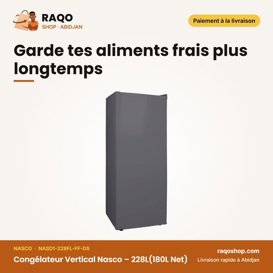 Congélateur Vertical Nasco – 228L(180L Net) – 7CASIERS+1TIROIR | NASD1-228FL-FF-DS