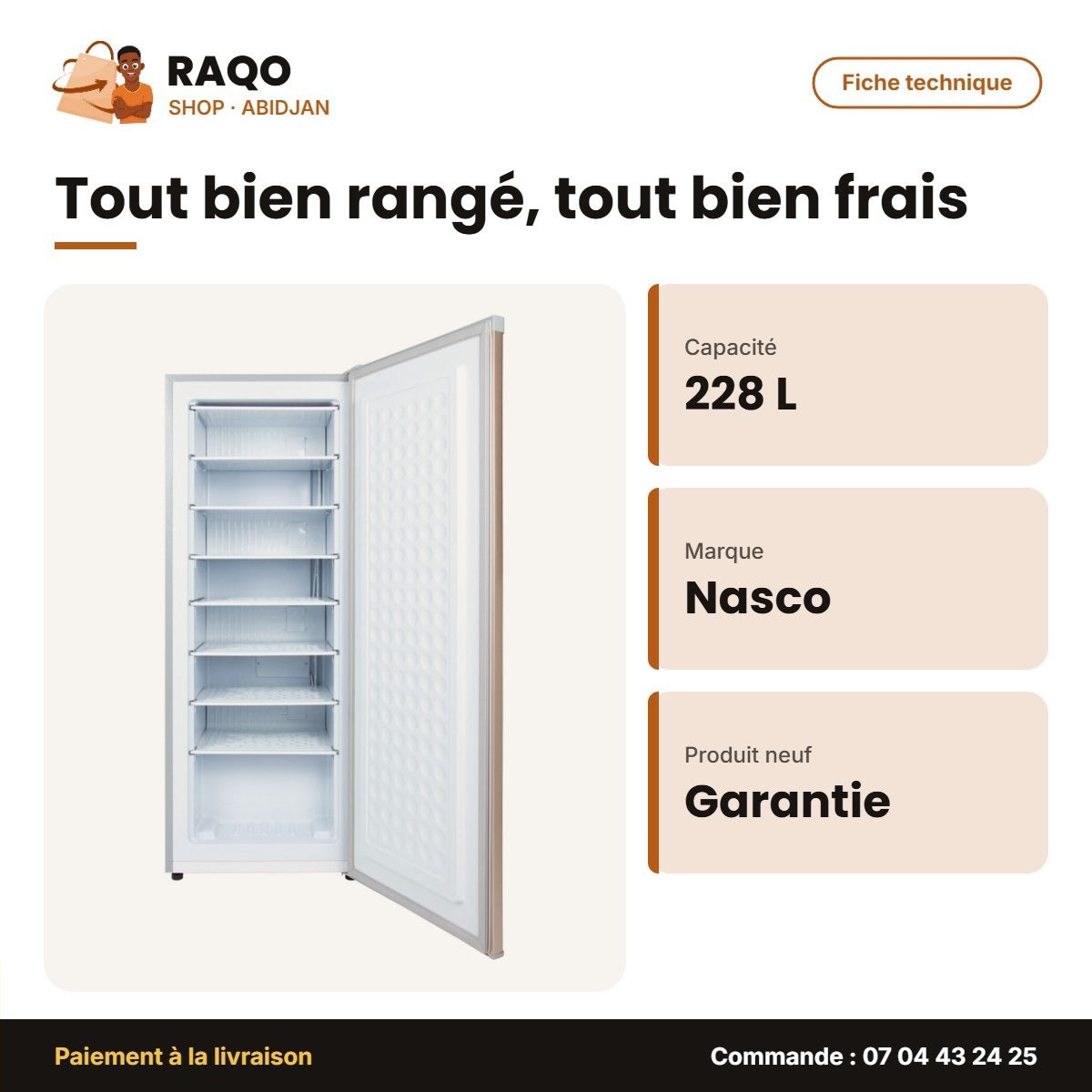 Congélateur Vertical Nasco – 228L(180L Net) – 7CASIERS+1TIROIR | NASD1-228FL-FF-DS