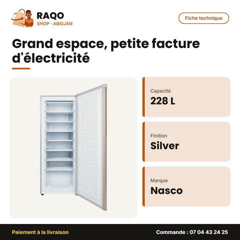 Congélateur Vertical Nasco – 228LT(180 L Net) – 7 Casiers – Silver | NASD1-228FL-FF