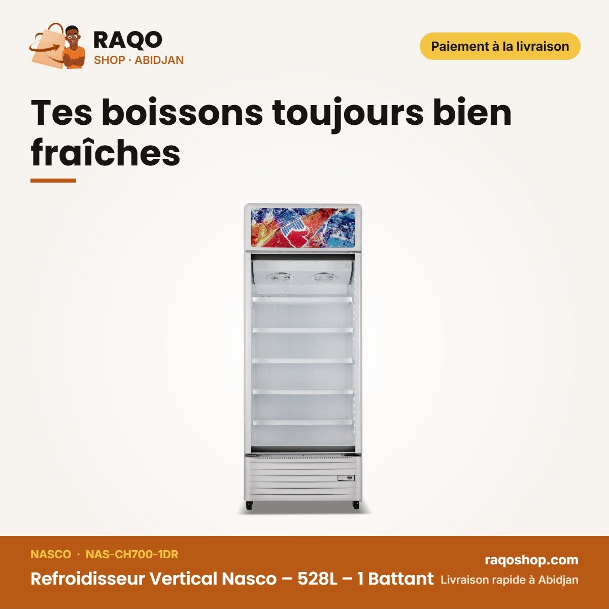 Refroidisseur Vertical Nasco – 528L – 1 Battant – Contour Gris-Vitré | NAS-CH700-1DR