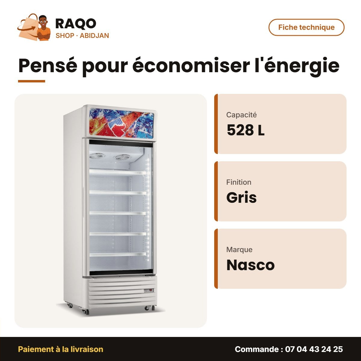 Refroidisseur Vertical Nasco – 528L – 1 Battant – Contour Gris-Vitré | NAS-CH700-1DR