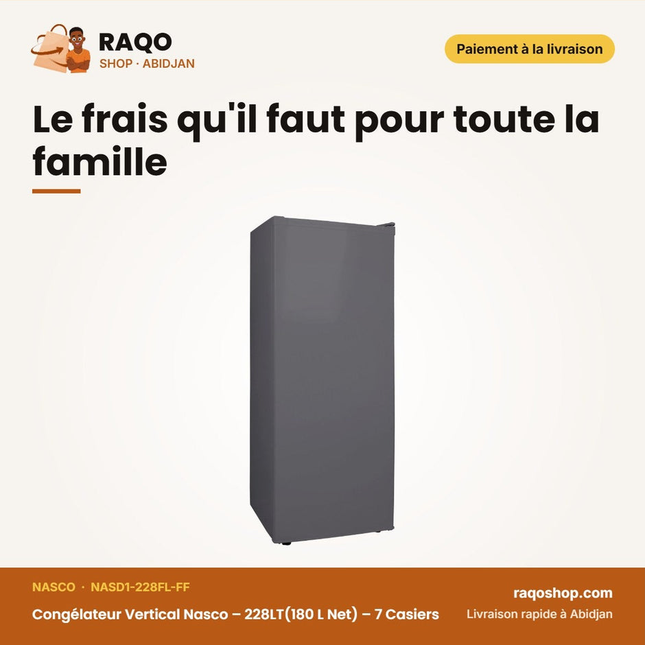 Congélateur Vertical Nasco – 228LT(180 L Net) – 7 Casiers – Silver | NASD1-228FL-FF