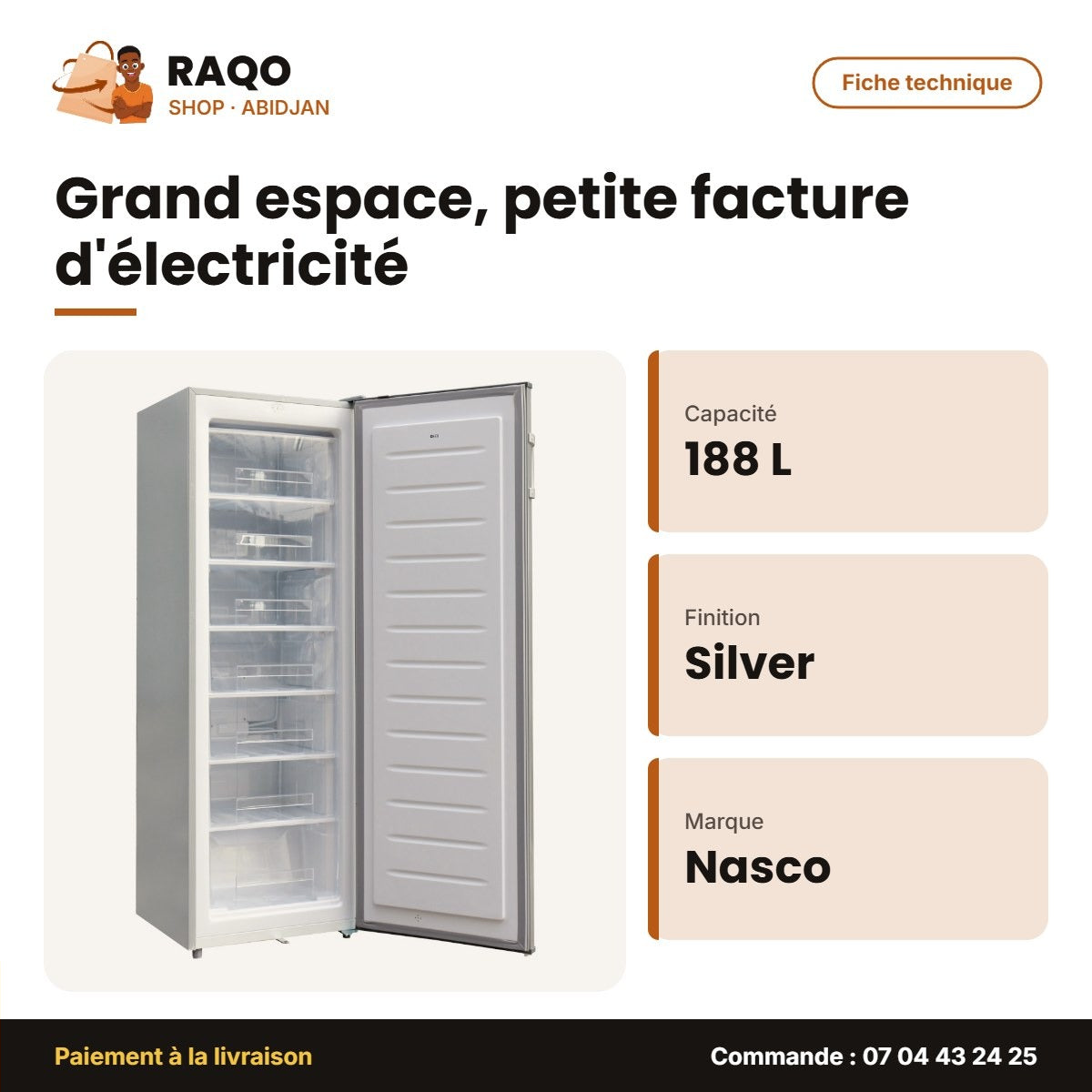 Congélateur Vertical Nasco – 7 Tiroirs – Silver – 188 L | NASD1-31-LM
