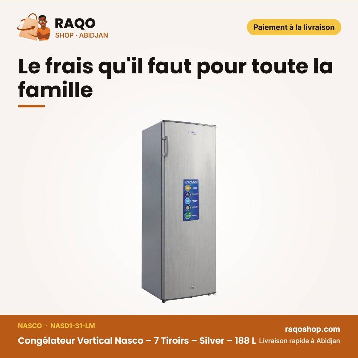 Congélateur Vertical Nasco – 7 Tiroirs – Silver – 188 L | NASD1-31-LM