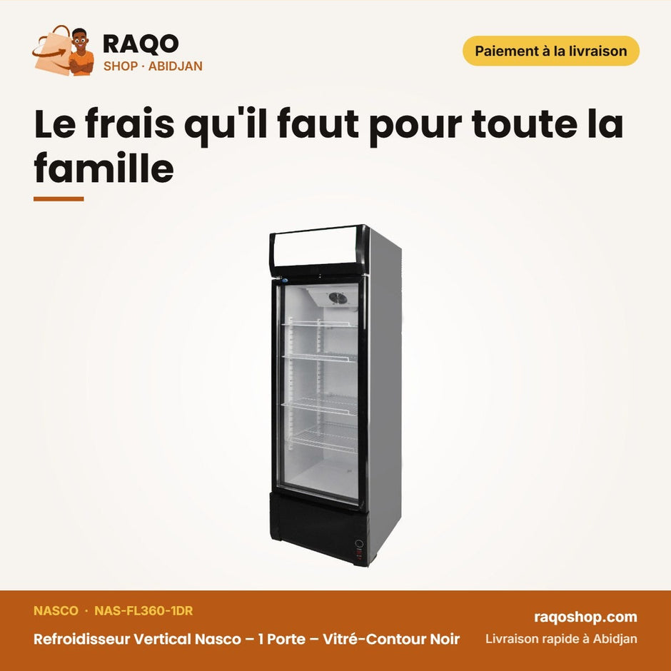 Refroidisseur Vertical Nasco – 1 Porte – Vitré-Contour Noir – 360 L | NAS-FL360-1DR