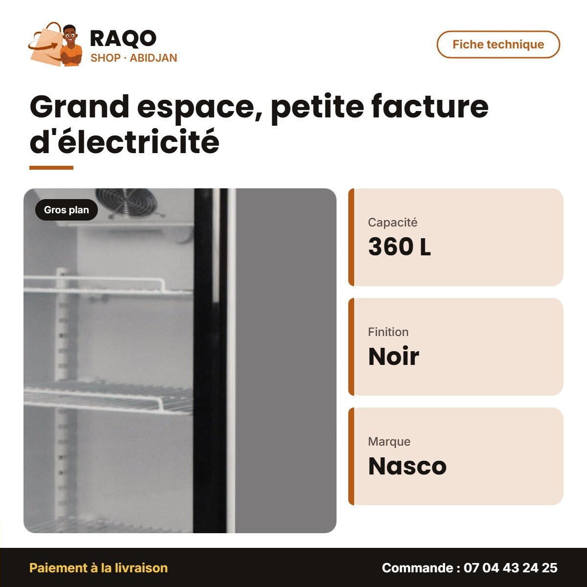 Refroidisseur Vertical Nasco – 1 Porte – Vitré-Contour Noir – 360 L | NAS-FL360-1DR