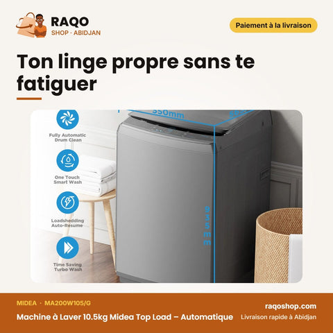 Machine à Laver 10.5kg Midea Top Load – Automatique – Gris – Healthguard | MA200W105/G