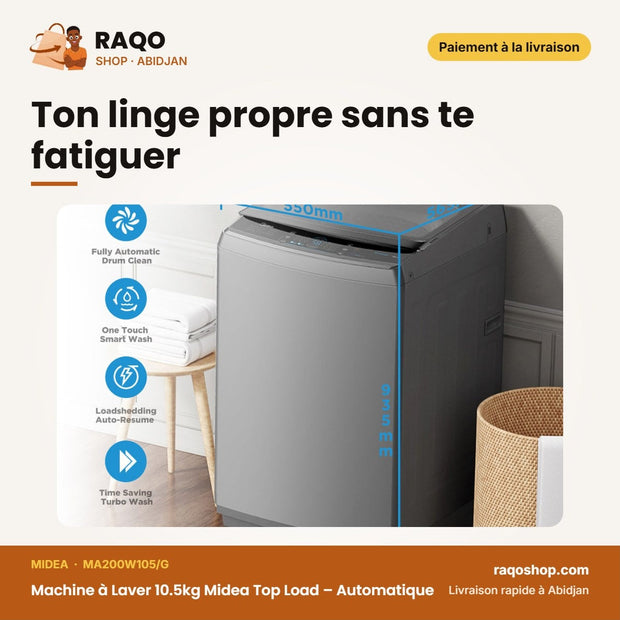 Machine à Laver 10.5kg Midea Top Load – Automatique – Gris – Healthguard | MA200W105/G