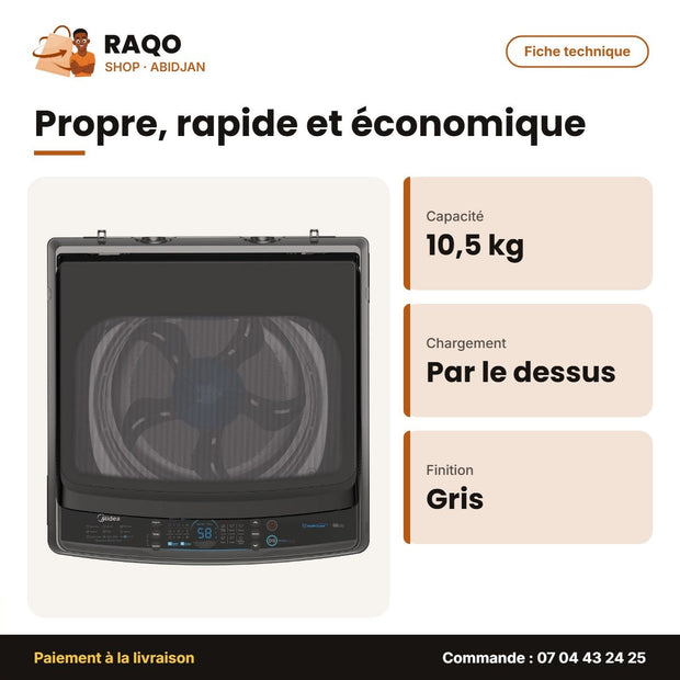 Machine à Laver 10.5kg Midea Top Load – Automatique – Gris – Healthguard | MA200W105/G
