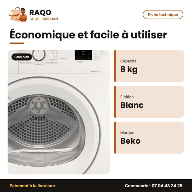 Sèche Linge Électrique Beko 8kg – Blanc – Tech. de Séchage à Evacuation | BEKO_DA8012GA