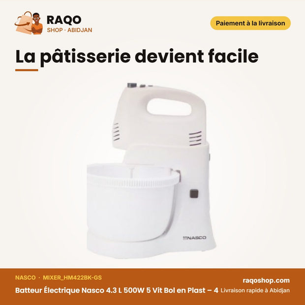 Batteur Électrique Nasco 4.3 L 500W 5 Vit Bol en Plast – 4 | MIXER_HM422BK-GS