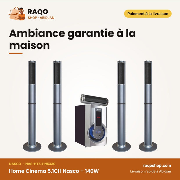 Home Cinema 5.1CH Nasco – 140W – Caisson de BASSE+10WX5 Haut-Parl – Telec. | NAS-HT5.1-N5330