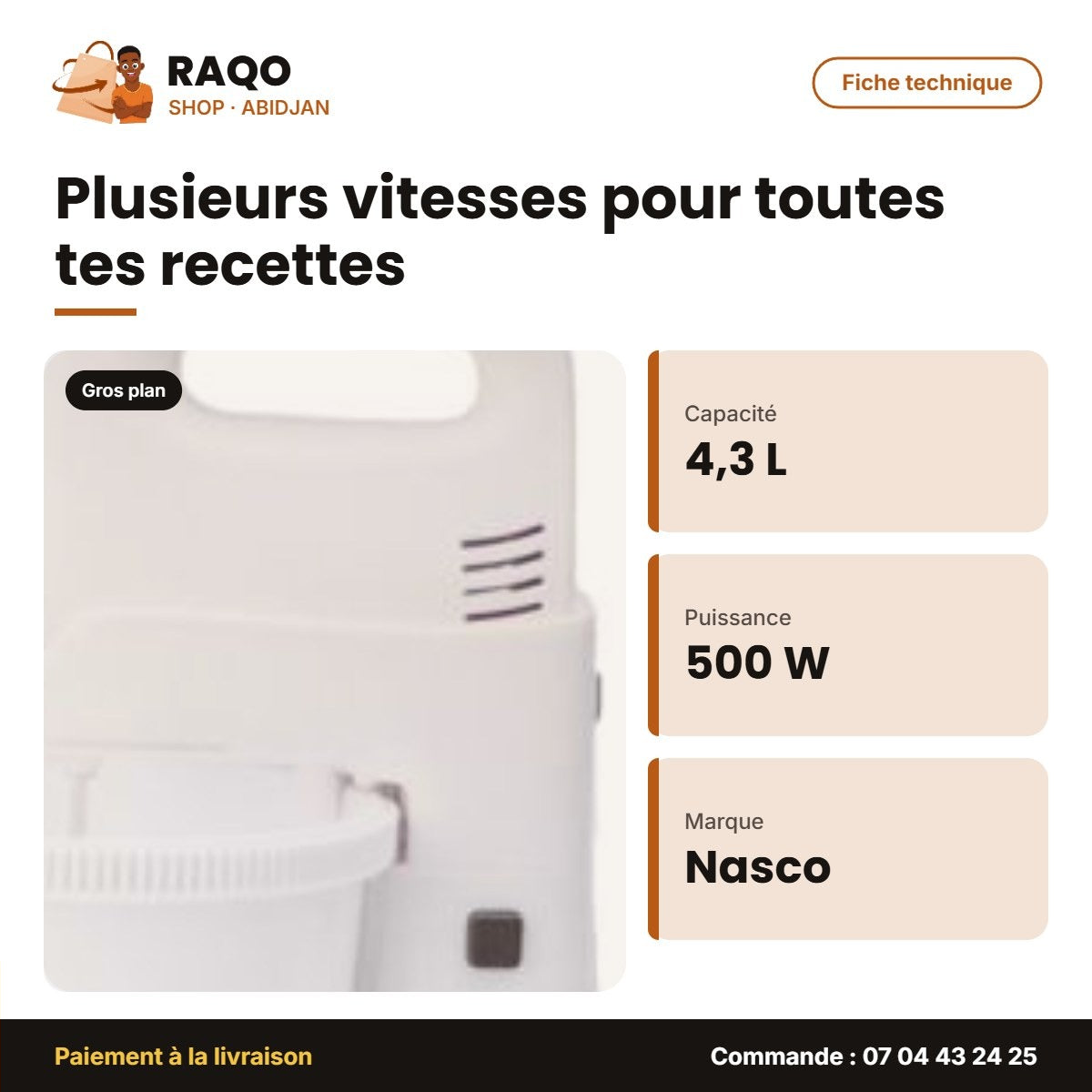 Batteur Électrique Nasco 4.3 L 500W 5 Vit Bol en Plast – 4 | MIXER_HM422BK-GS