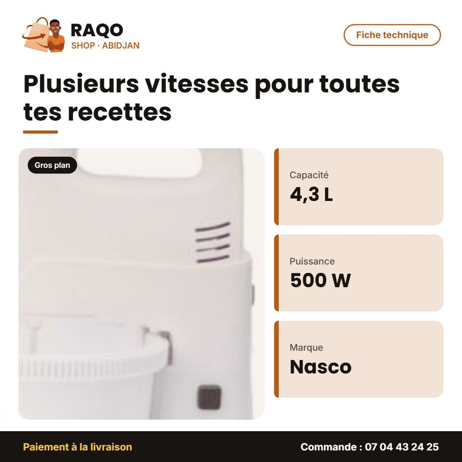 Batteur Électrique Nasco 4.3 L 500W 5 Vit Bol en Plast – 4 | MIXER_HM422BK-GS