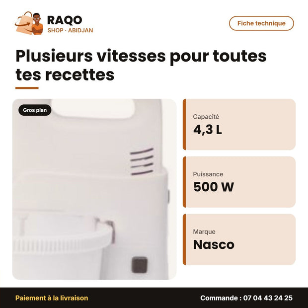 Batteur Électrique Nasco 4.3 L 500W 5 Vit Bol en Plast – 4 | MIXER_HM422BK-GS